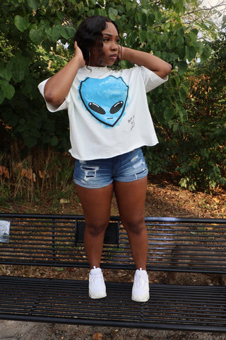 “OOTW” Blue Cropped Alien Tee